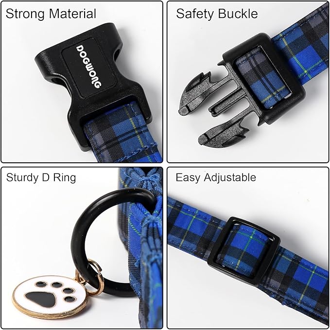 DOGWONG Blue Plaid Dog Collar, Blue Checkered Dog Collar with Mental Buckle Pet Necklace for Small Medium Large Dogs