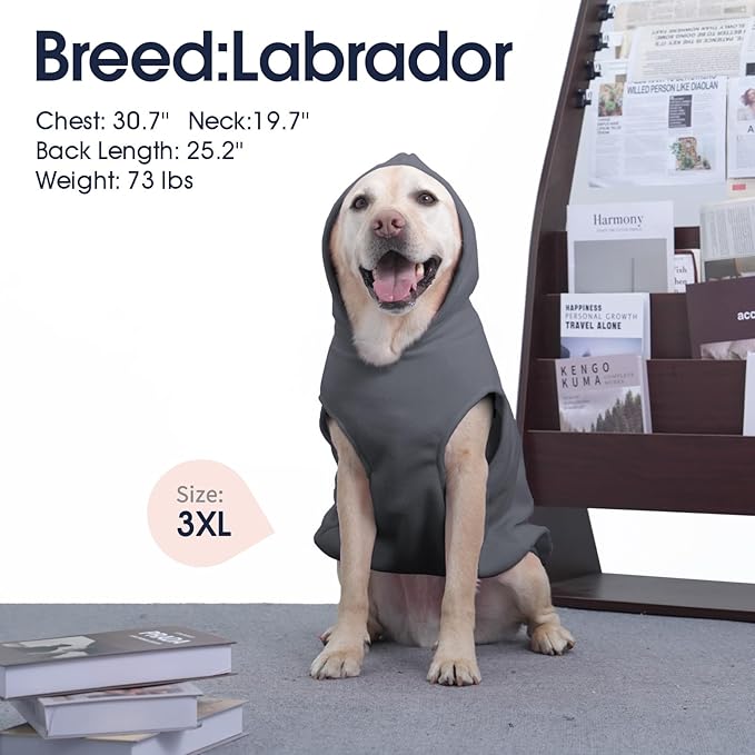 IECOii XXL Dog Hoodie for Large Dogs, Fleece Dog Sweatshirt for Large Breed Male Female Dogs,Pet Pouch Hoodie Winter Sweater Coat with Leash Hole, Warm & Lightweight Outfit for Pitbull, Grey, 2XL