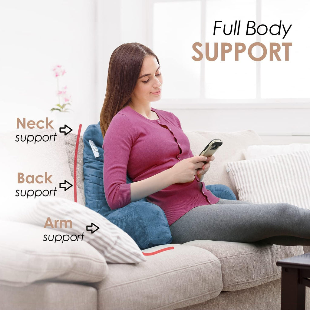 Nestl Reading Pillow with Shredded Memory Foam, Designed for Sitting Up in Bed and Couch, Back and Arms Adjustable Support for Adult & Teens Backrest Pillows for Reading, Washable Cover, Blue Heaven