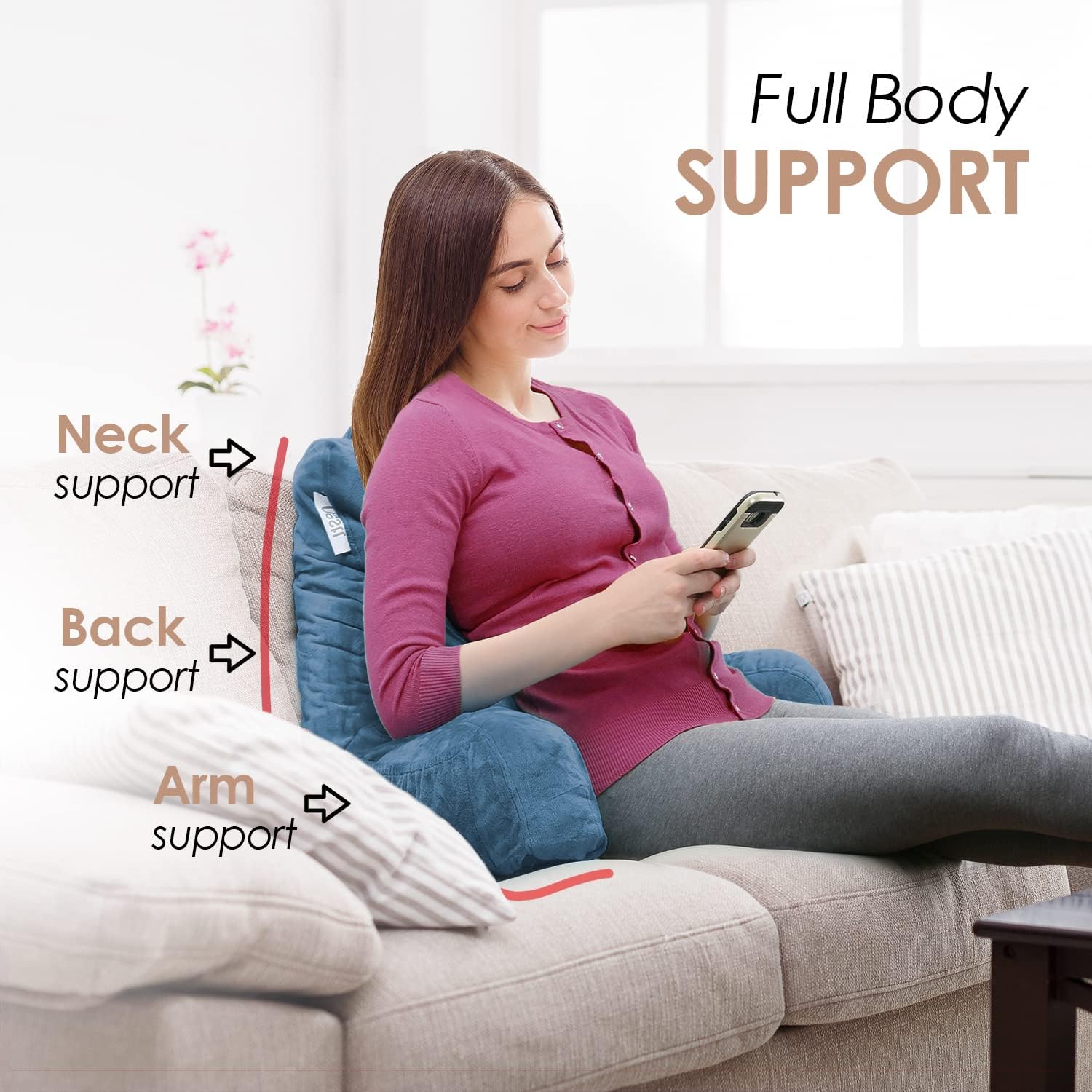 Nestl Reading Pillow with Shredded Memory Foam, Designed for Sitting Up in Bed and Couch, Back and Arms Adjustable Support for Adult & Teens Backrest Pillows for Reading, Washable Cover, Blue Heaven