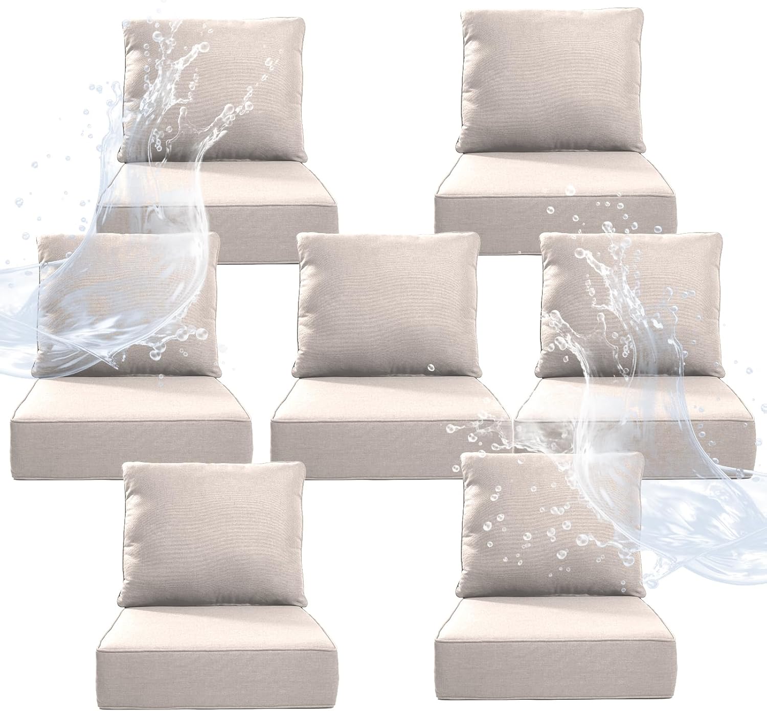 6" Thicker Outdoor Chair Cushion 7 Sets - 24" *24" *6" Waterproof Patio Furniture Cushions with Removable Cover, 28D High Density Sponge Filling Thicken Outdoor Patio Cushions - Beige