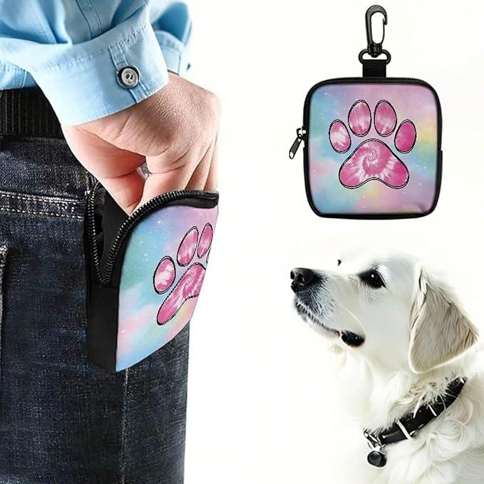 KEIAHUAN Pink Dog Paws Dog Treat Pouch Small Fanny Zipper Pack Holder for Puppy Hands-Free Snack Pouch for Dog Training, Walks & Outdoor Use