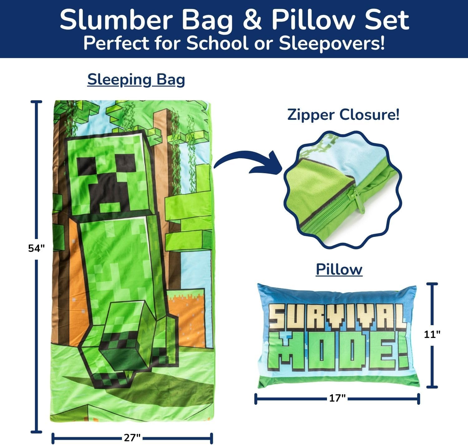 Jay Franco Kids Slumber Bag and Pillow - 54 x 27 Inch Comfy Indoor Sleeping Bag for School and Sleepovers, 2 Piece Set, Green - Minecraft