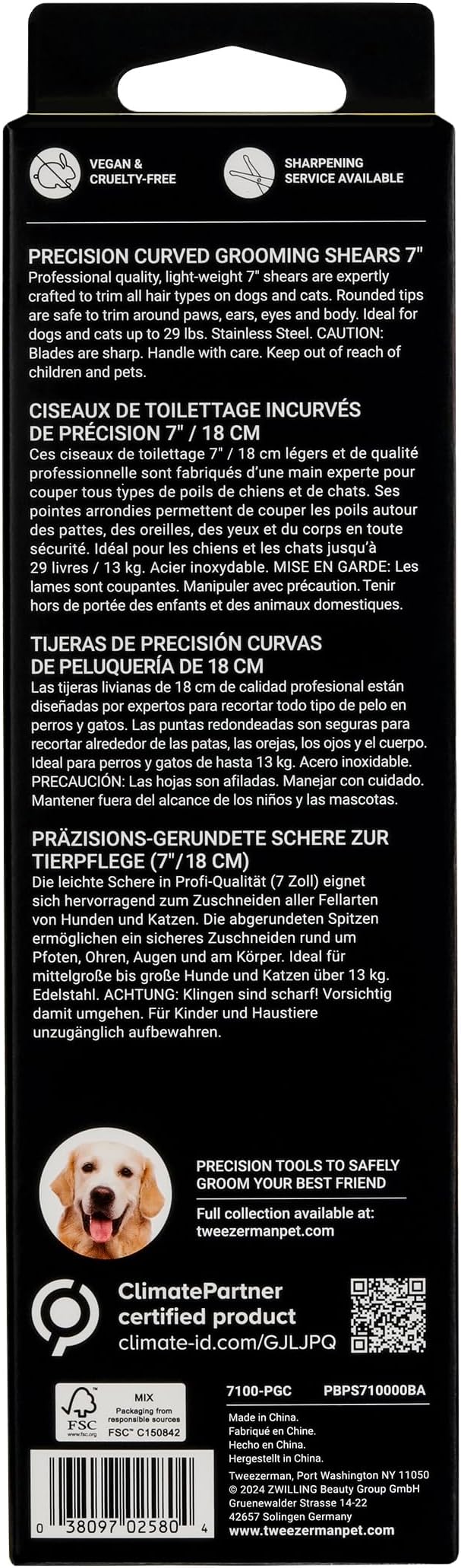 Tweezerman 7" Pet Grooming Scissors with Safety Round Tips, Professional Curved Grooming Shears for Dogs and Cats