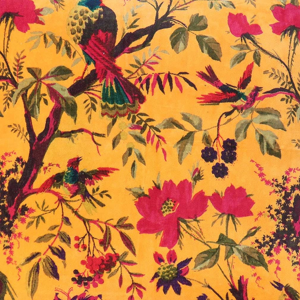 Eyes of India Velvet Floral Flower Bird Throw Pillow Sofa Cushion Cover Case Couch Colorful Boho Chic Bohemian Accent Indian Handmade (Yellow, 16" x 16")