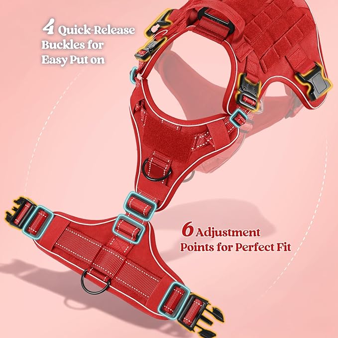 rabbitgoo Tactical Dog Harness for Large Dogs, No Pull Upgraded Reflective Heavy Duty Molle Vest with Handle, Adjustable Military Service Dog Vest for Walking Hiking Training, Red, XL