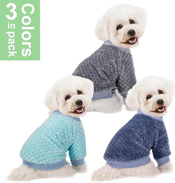 Dog Sweater, 3 Pack Dog Sweaters for Small Medium Dogs or Cat, Warm Soft Flannel Pet Clothes for Dogs Girl or Boy, Dog Shirt Coat Jacket (Small, Grey+Navy+Sky Blue)