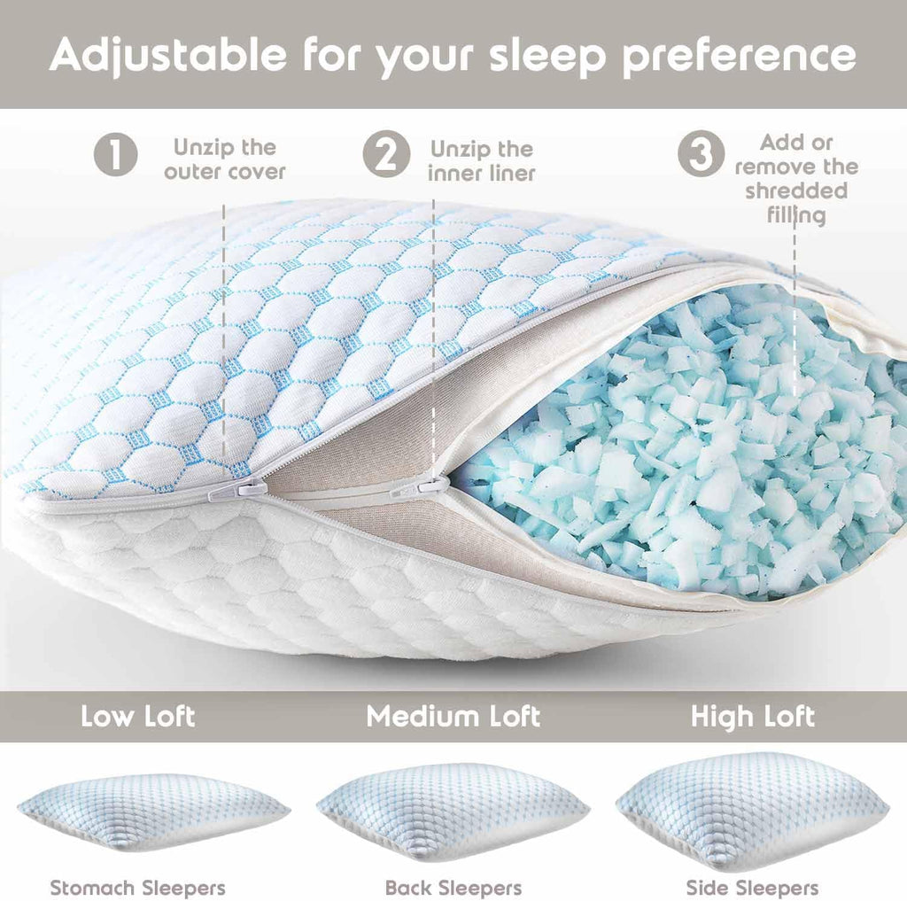 Nestl Cooling Pillow for Sleeping 2 Pack, Luxury Shredded Memory Foam Pillows Kids Size Set of 2, Adjustable Cold Gel Pillows for Hot Sleepers Supportive Kids Pillow for Side Back Stomach Sleepers
