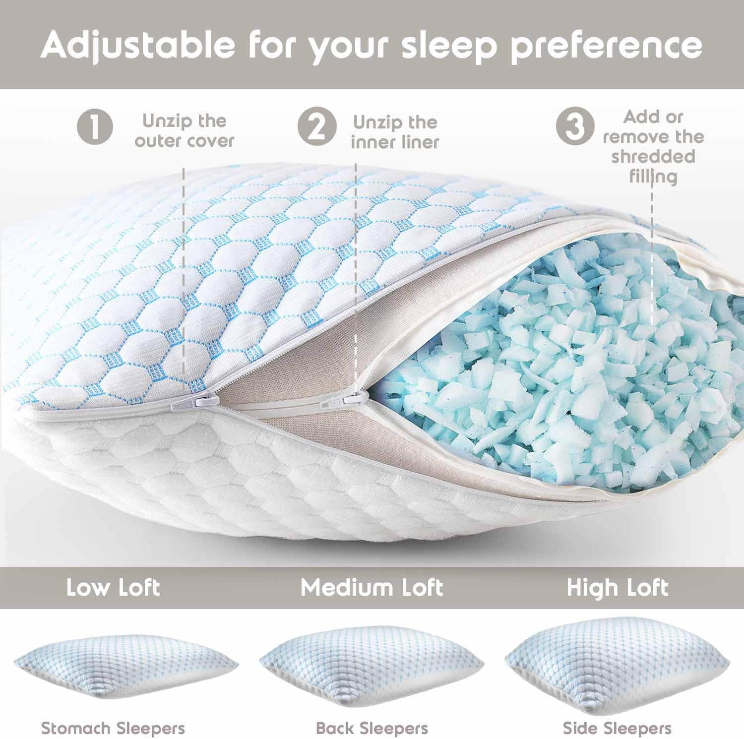 Nestl Cooling Pillow for Sleeping 2 Pack, Luxury Shredded Memory Foam Pillows Kids Size Set of 2, Adjustable Cold Gel Pillows for Hot Sleepers Supportive Kids Pillow for Side Back Stomach Sleepers