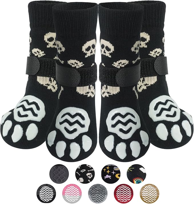 PUPTECK Anti Slip Dog Socks 2 Pairs with Double Grippers for Hardwood Floors, Shoes for Hot/Cold Pavement, Boots & Paws Protectors to Prevent Licking, Traction Booties for Senior Small Large Dogs