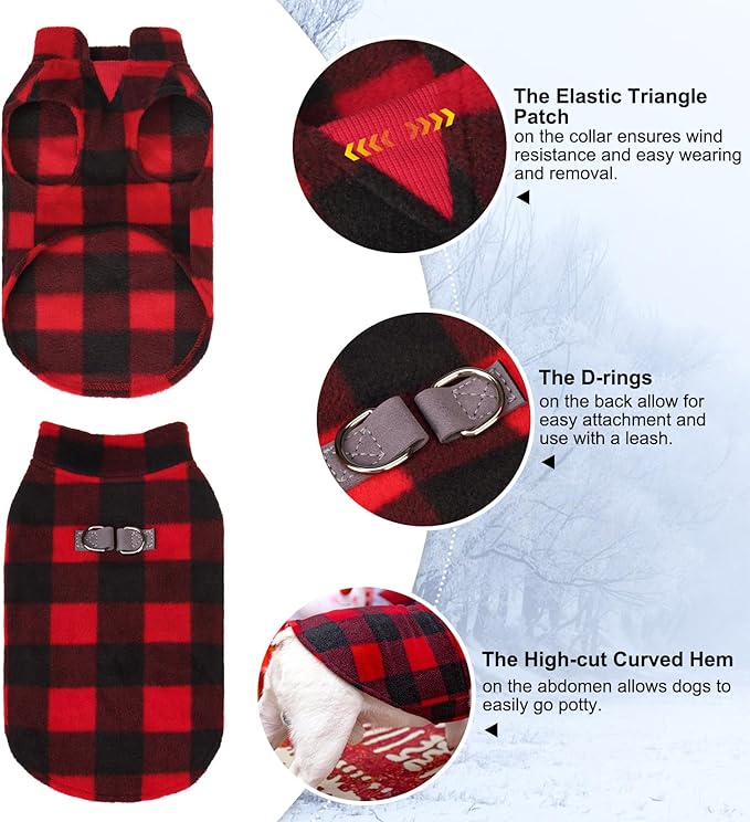 BEAUTYZOO Small Dog Sweater Fleece Vest Winter Jacket, D-Ring Leash Attachment for XS S Puppy Medium Sized Breeds Dogs, Cold Weather Dog Clothes Windproof Keep Warm, Christmas Red Plaid XL