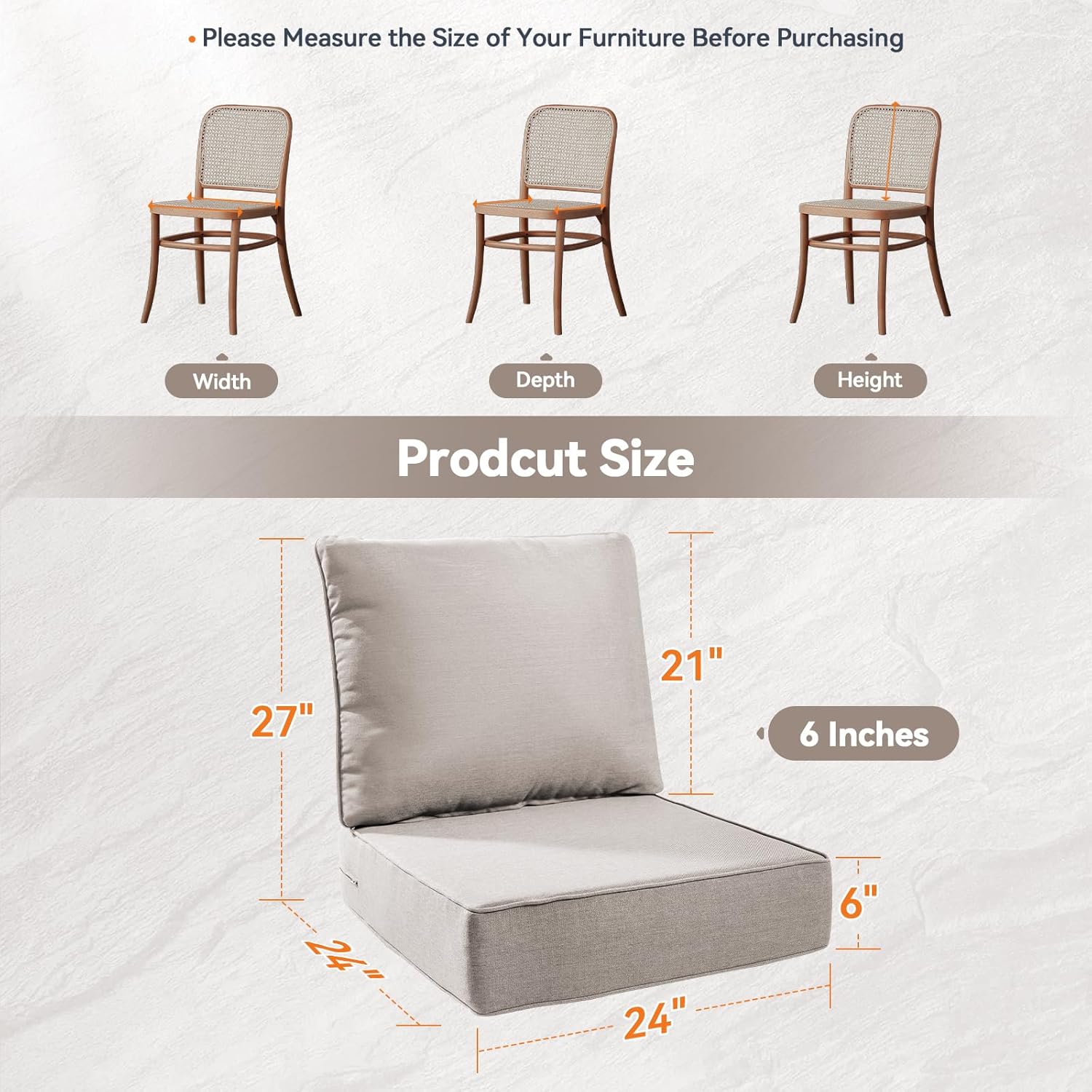 Luxury 6" Outdoor Cushions for Patio Furniture, 24x24x6" Thick Seat Cushion Set of 10, Fade Resistant Couch Chair Replacement Cushions High Density Deep Wicker Chair Cushion w/ Removable Cover, Beige