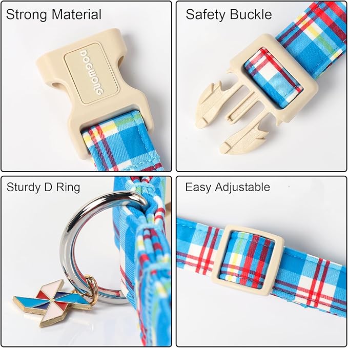 DOGWONG Blue Plaid Dog Collar- Cute Checkered Dog Collars Adjustable Designer Blue Puppy Dog Collar for Small Medium Large Dogs XL