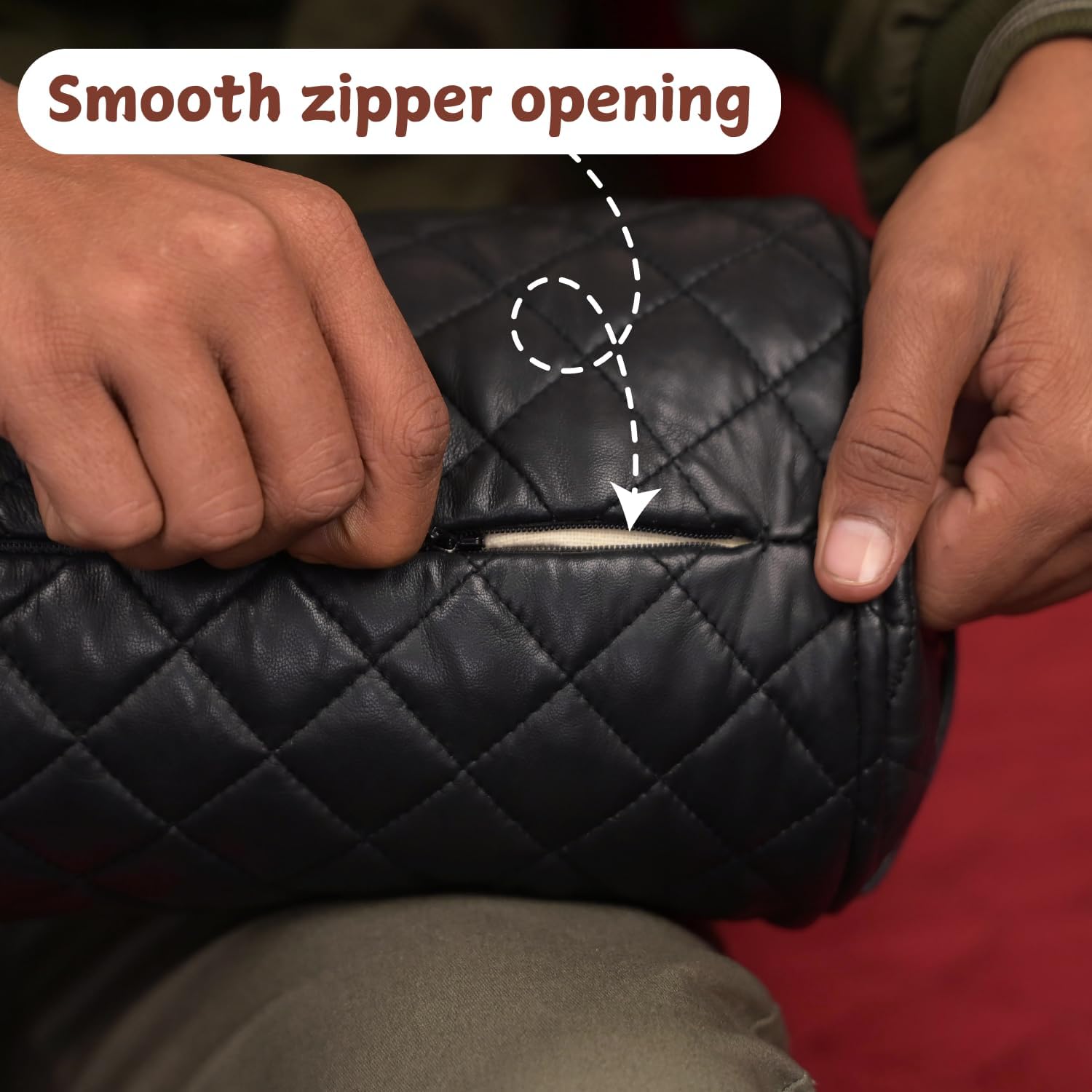 Neck Roll Pillow Cushion Cover, 14x6 Inch Full Moon Round Bolster Pillow Case, Cylinder Soft Lambskin Leather Pillowcase for Head, Spine & Neck Support During Sleep - Quilted Black Pack of 2