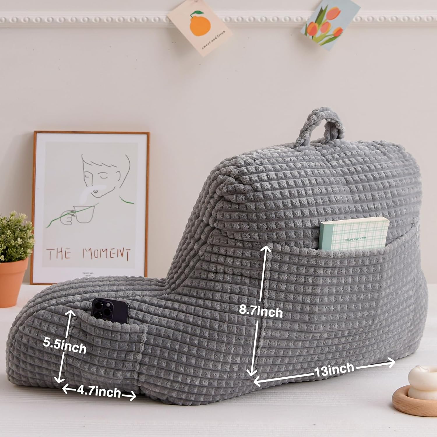 A Nice Night Reading Pillow Bed Wedge Large Adult Children Backrest with Arms Back Support for Sitting Up in Bed/Couch for Lounging Bedrest,Waffle Stereoscopic Design,Grey