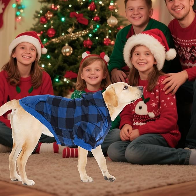 KOOLTAIL Plaid Dog Hoodie Pet Clothes Sweater with Hat and Pocket for Small Medium Large Size Dogs, Soft Winter Warm Dog Cold Weather Coat, Fleece Fall Dog Hooded Sweatshirt for Puppy Cats, Blue XXL