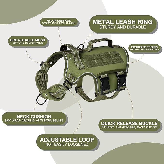 Tactical Dog Harness Medium Sized, Heavy Duty No Pull Dog Harness with Handle, Easy On and Off Service Dog Vest with Molle System, Reflective Pet Vest for Walking Hiking Training