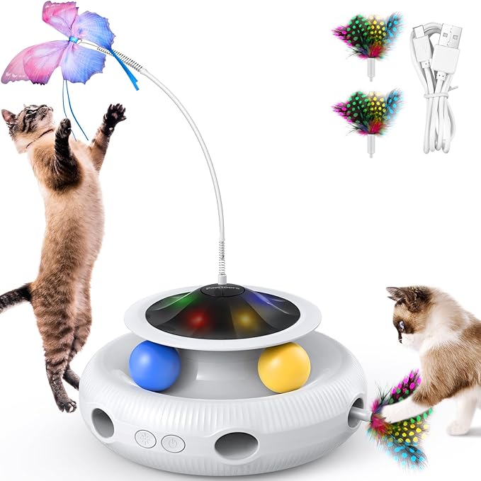 Interactive Cat Toys 3 in 1 Automatic Cat Toy for Indoor Cats, Electric Kitten Toy with USB Rechargeable, Self Play Kitty Toys with Spinner Fluttering Butterfly, Track Ball and 2 Ambush Feathers