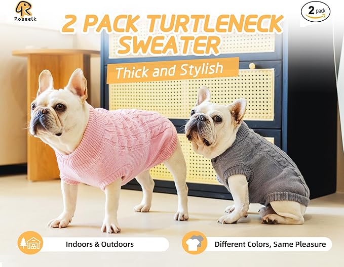 2 Pack Dog Sweaters for Small Dogs - Puppy Medium Warm Clothes in Winter, Turtleneck Pullover Design for Boy Girl Pet, Doggie, Cat, Kitten Chihuahua Bulldog Pug Beagles (XS, Grey, Pink)