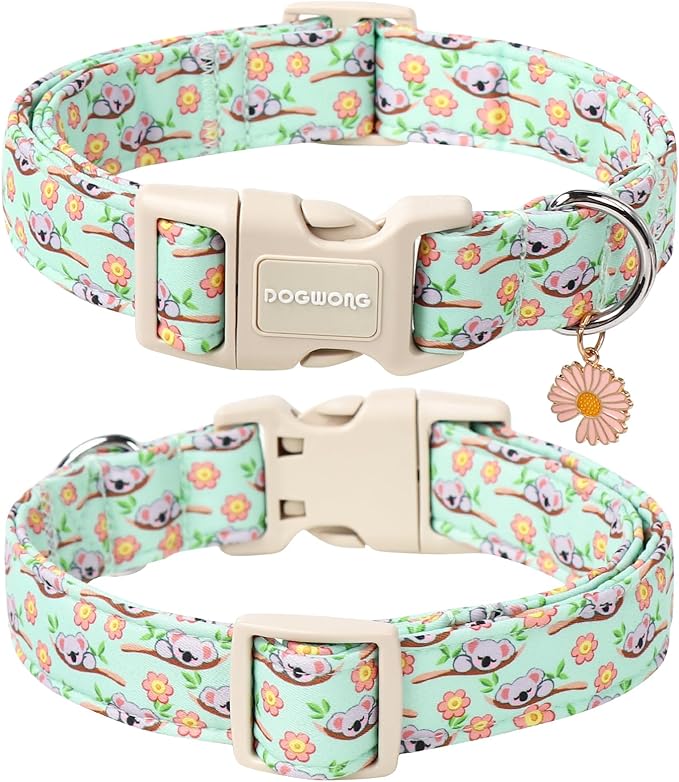 DOGWONG Summer Koala Dog Collar, Green Pink Flower Dog Collars, Adjustable Cute Pet Collars Boy Girl Design Dog Collar for Small Medium Large Dogs
