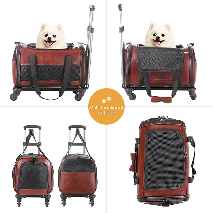 Airline Approved Pet Carrier with Wheels, Rolling Soft Sided Dog Cat Travel Bag, Premium Fashion Leather Small Pet Carrier Purse for Puppies and Cats Coffee
