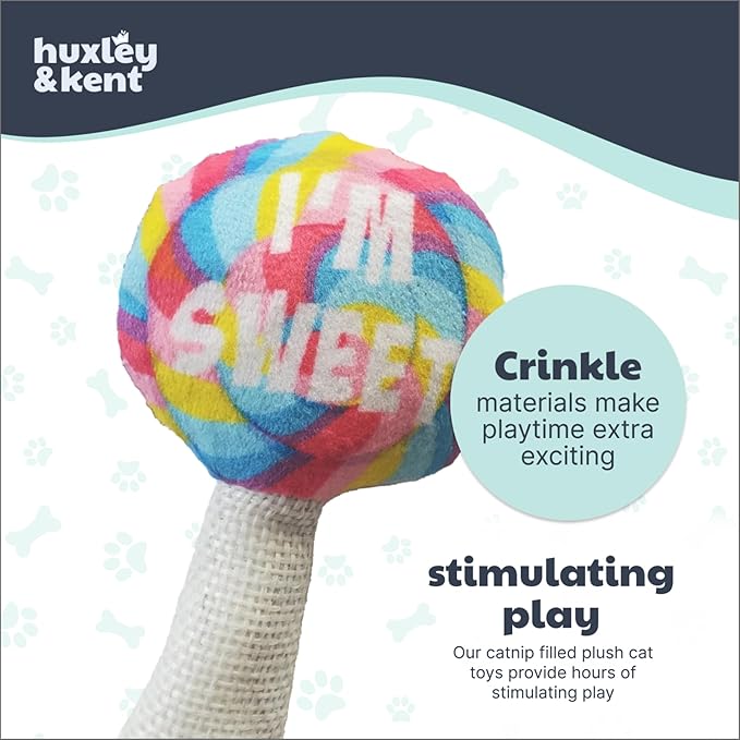 Huxley & Kent Plush Cat Toy - Interactive Catnip Toy for Cats & Kittens - Soft with Crinkle & Catnip - Fun Indoor Play - I'm Sweet Lollipop