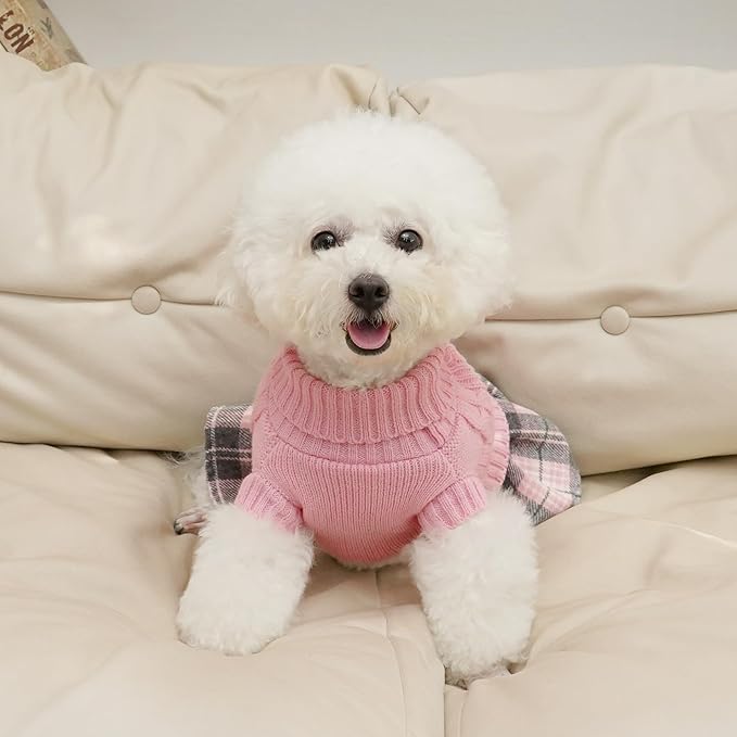 WOYYHO 2 Pack Girl Dog Sweater Dress with Bowtie Turtleneck Knitted Small Dog Sweater Dress with Leash Hole, Puppy Winter Clothes Warm Sweaters for Yorkies Chihuahua (Large, Pink+Red)