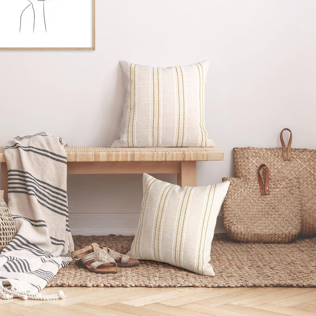 AELS 16x16 Decorative Farmhouse Linen Throw Pillow Covers, Boho Textured Pillow Case, Set of 2, Beige with White & Brown Stitch Yarn Dyed Stripe Cushion Cover for Sofa Couch Living Room (Cover ONLY)