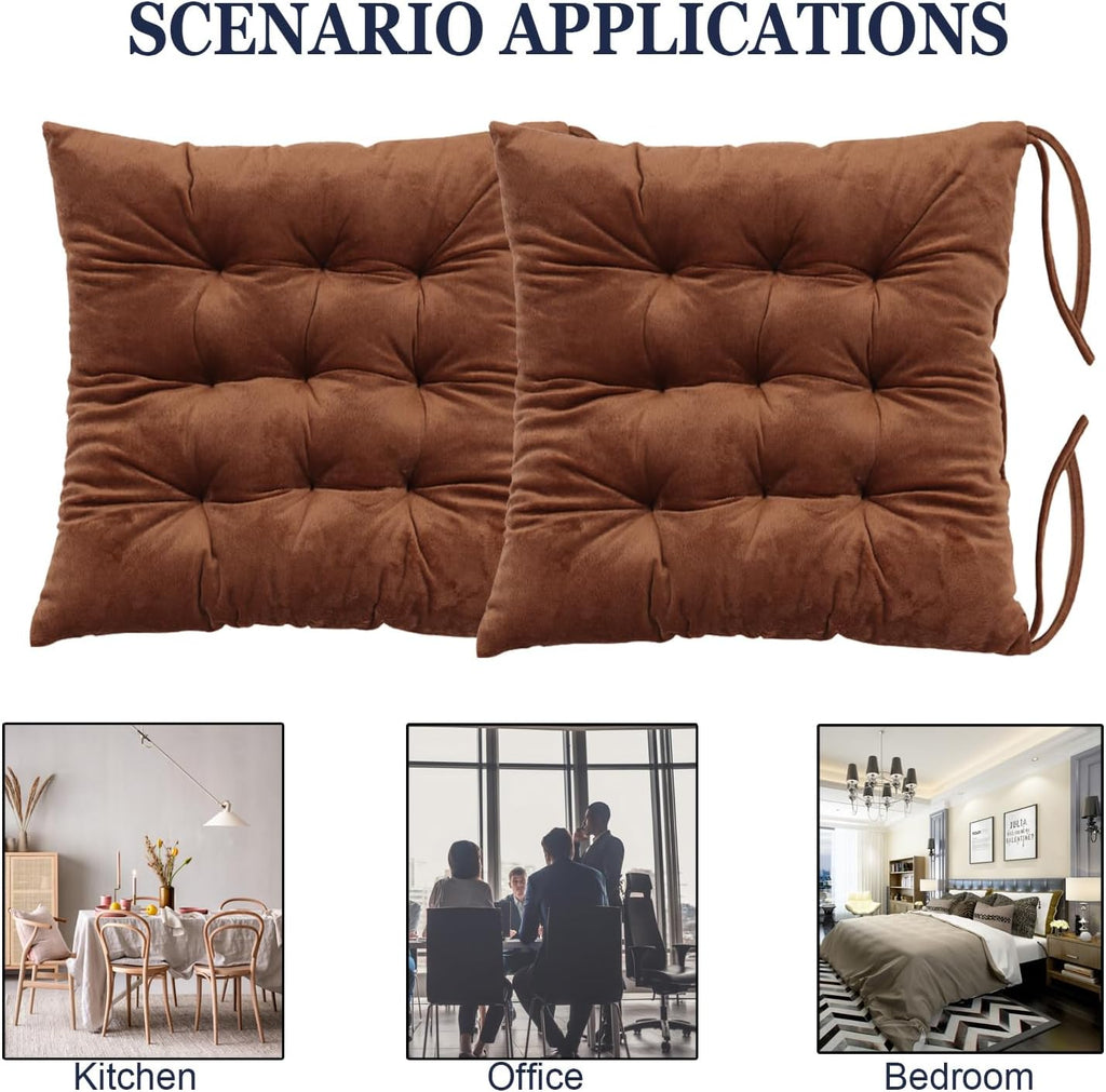 2 Pack Square Seat Cushion Chair Pads for Kitchen Dining Chairs, Soft Comfort Velvet Chair Mat Pillow Cushions with Ties for Office Desk Living Room Tatami 15.5", Coffee