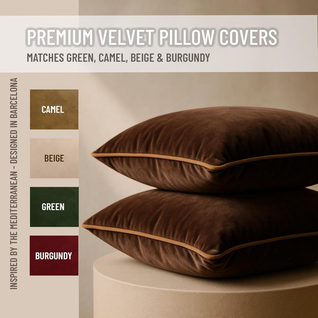 2 Pack Velvet Decorative Throw Pillow Covers, 20"x20", Brown and Camel, Solid, Modern, Contrast Piping, Indoor Use, Bedroom & Living Room