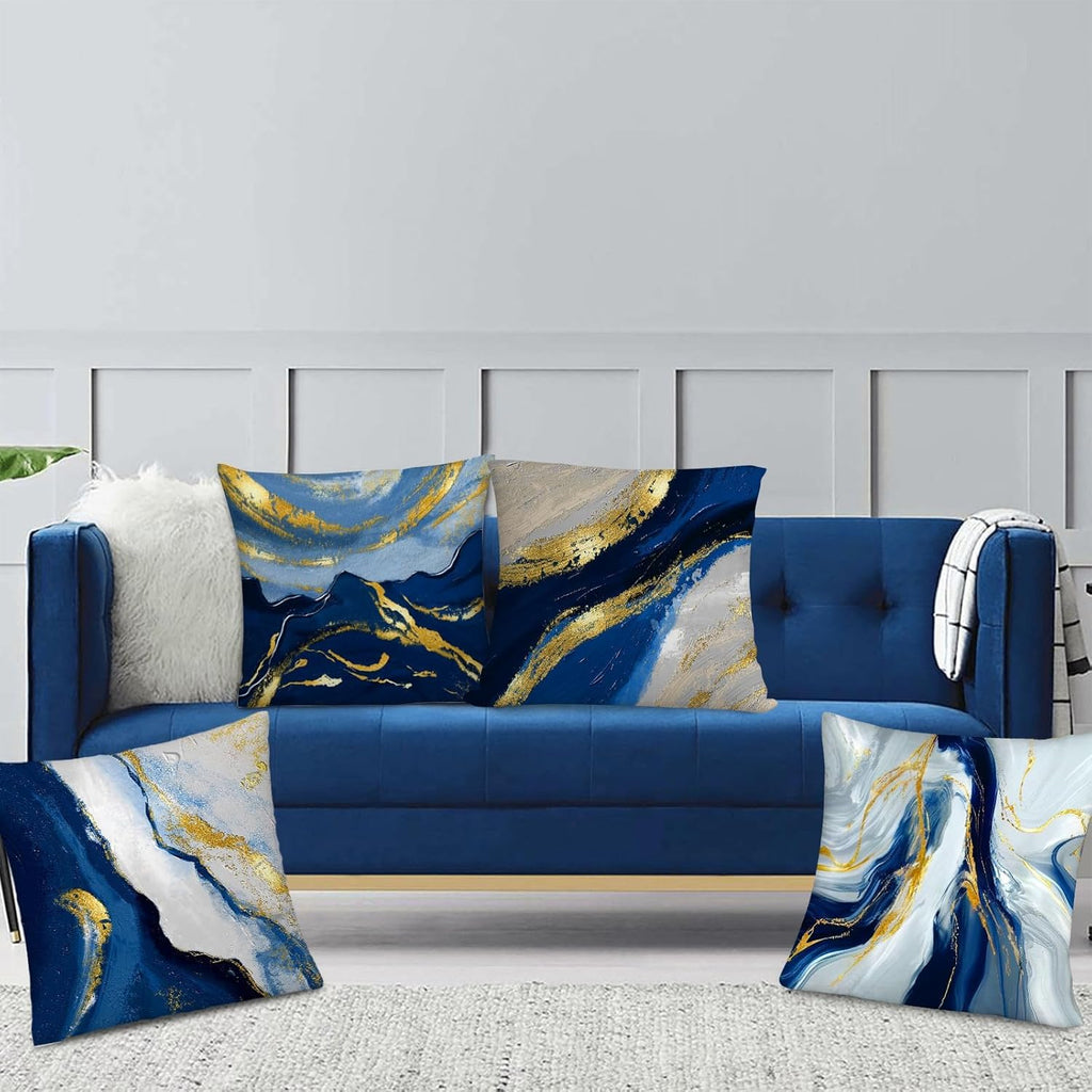 Navy Blue and Gold Throw Pillow Covers 18x18 Inches Set of 4, Modern Decorative Abstract Oil Painting Pillow Cover for Sofa Bed Chair Office Bedroom Livingroom Couch Dark Blue and Gold Decor