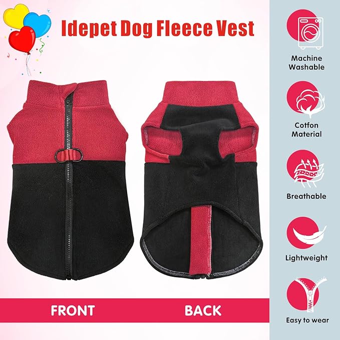 Idepet Dog Fleece Vest Sweater Zip Up Warm Pullover Dogs Jacket with D-Ring Leash Winter Cold Weater Coat Pet Sweatershirt Clothes Hoodie for Small Medium Dogs Boy Girl (Red/Black, XS)