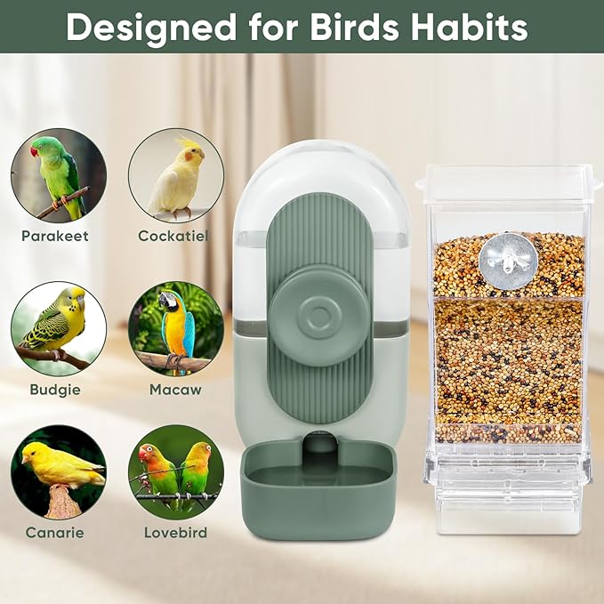 No Mess Bird Feeder & Water Dispenser Set - Automatic Feeding & Hydration, Parakeet Cage Accessories for Parrots, Cockatiels, Finches, Lovebirds & Budgies