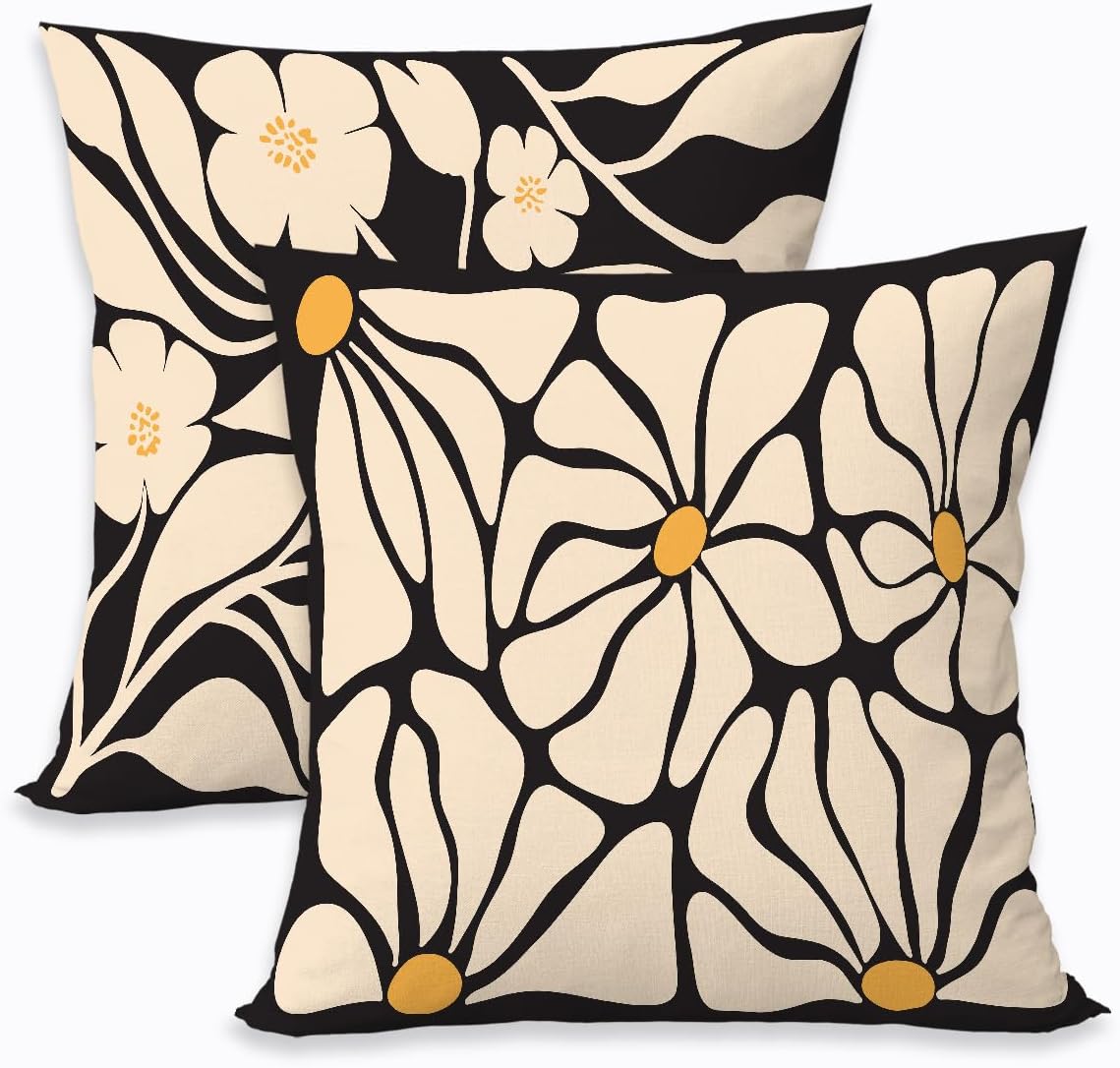 2 Pcs Boho Black And Beige Floral Pillow Covers, Botanical Neutral Plant Decorative Throw Pillow Cover, Abstract Bohemian Flower Plant for Couch Sofa Bed Bedroom Living Room Office Home Decor