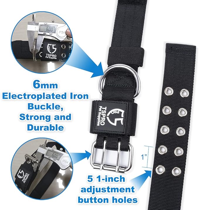 TSPRO Tactical Dog Collar, Adjustable, with Patch & Double Needle Metal Buckle, Heavy Duty for Large to Extra Large Dogs, Durable for Walking, Running, Hiking & Training (Black L-XL)