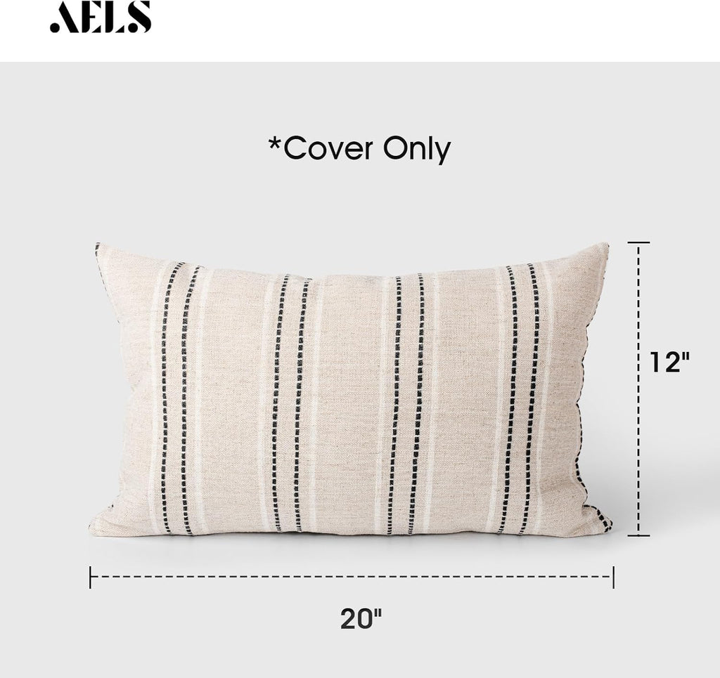 AELS 12x20 Decorative Farmhouse Linen Throw Pillow Covers, Boho Textured Pillow Case, Set of 2, Beige with White & Black Stitch Yarn Dyed Stripe Cushion Cover for Sofa Couch Living Room (Cover ONLY)
