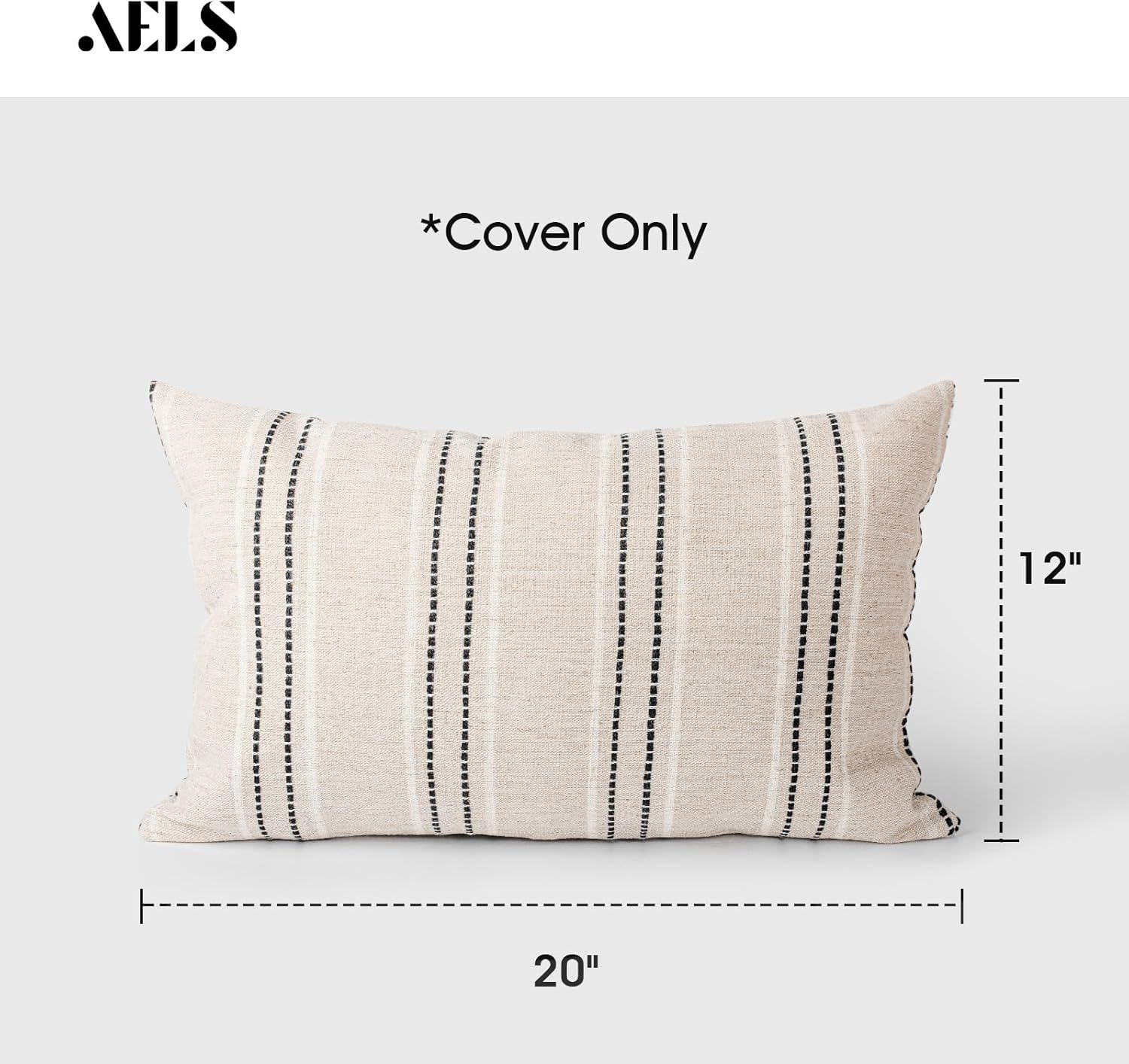 AELS 12x20 Decorative Farmhouse Linen Throw Pillow Covers, Boho Textured Pillow Case, Set of 2, Beige with White & Black Stitch Yarn Dyed Stripe Cushion Cover for Sofa Couch Living Room (Cover ONLY)
