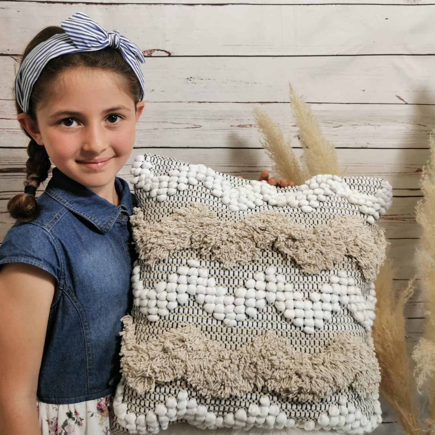 Throw Boho Pillow Cover, 18”x18” Bohemian Moroccan Rustic Decorative Pillows with Tufted Accents, Plush Handwoven Cotton, Textured Woven Neutral Farmhouse Scandinavian Home Decor (no Insert)