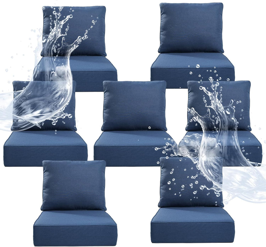 6" Thicker Outdoor Chair Cushion 7 Sets - 24" *24" *6" Waterproof Patio Furniture Cushions with Removable Cover, 28D High Density Sponge Filling Thicken Outdoor Patio Cushions - Blue