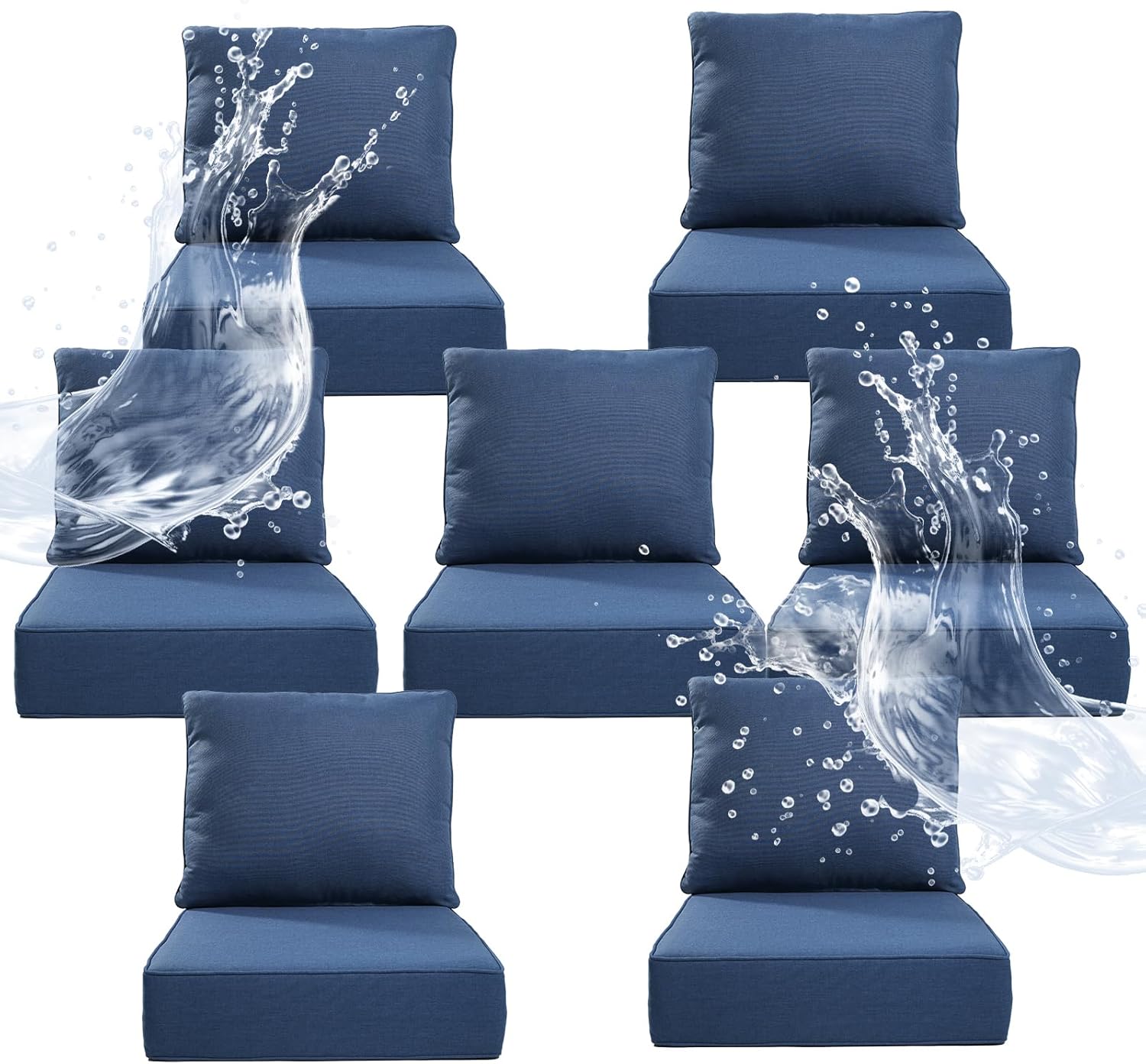 6" Thicker Outdoor Chair Cushion 7 Sets - 24" *24" *6" Waterproof Patio Furniture Cushions with Removable Cover, 28D High Density Sponge Filling Thicken Outdoor Patio Cushions - Blue