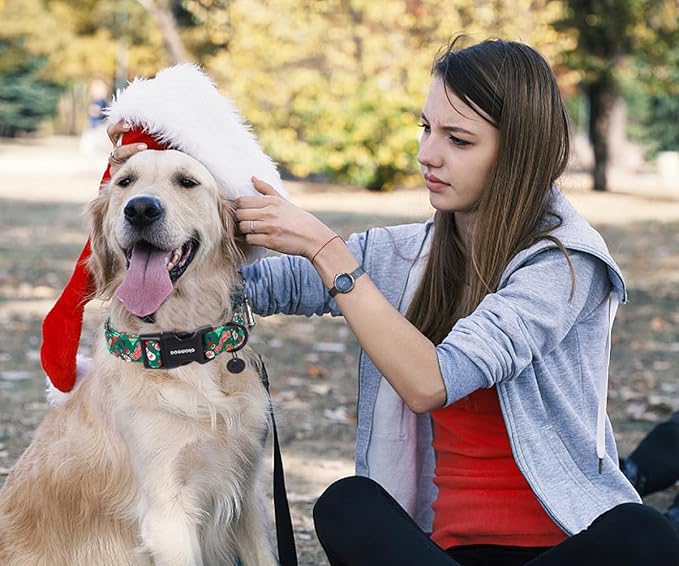 DOGWONG Christmas Cotton Dog Collar, Green Santa Christmas Dog Collar Durable Soft Fabric Pet Dog Collars Cute Puppy Necklace for Small Medium Large Dogs