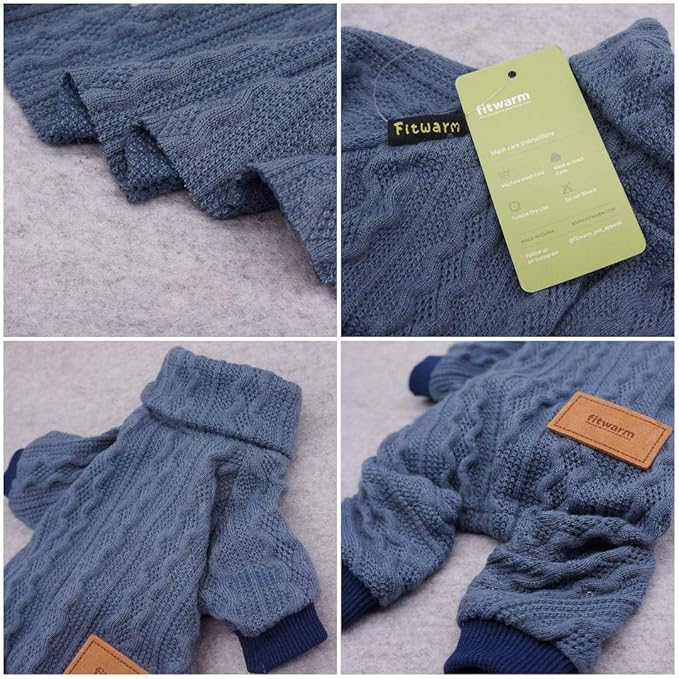 Fitwarm Turtleneck Knitted Dog Sweaters Winter Outfits Pet Coats Cat Clothes Blue Large