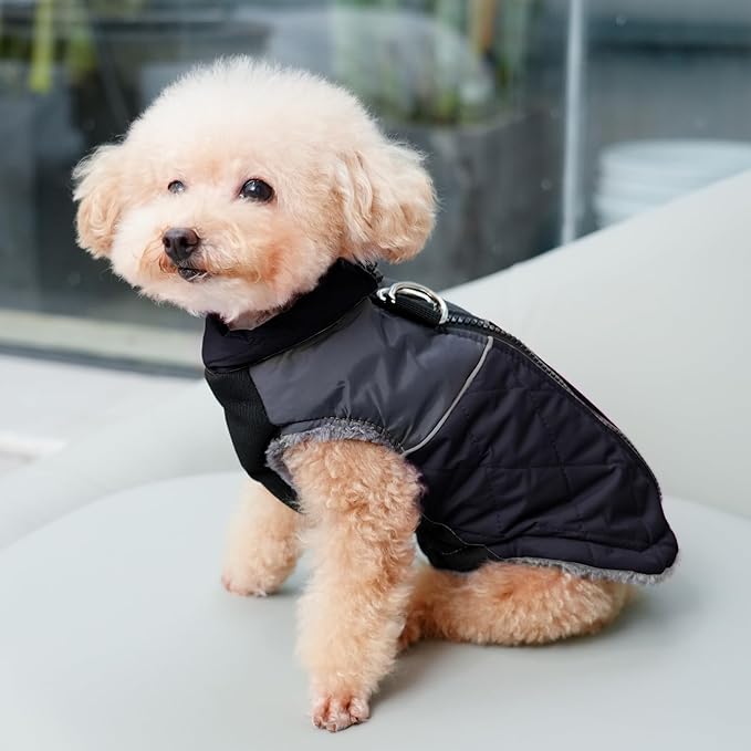 Warm Fleece Dog Coats for Small Dogs,D-Rings Waterproof Puppy Jacket for Cold Winter,Black M