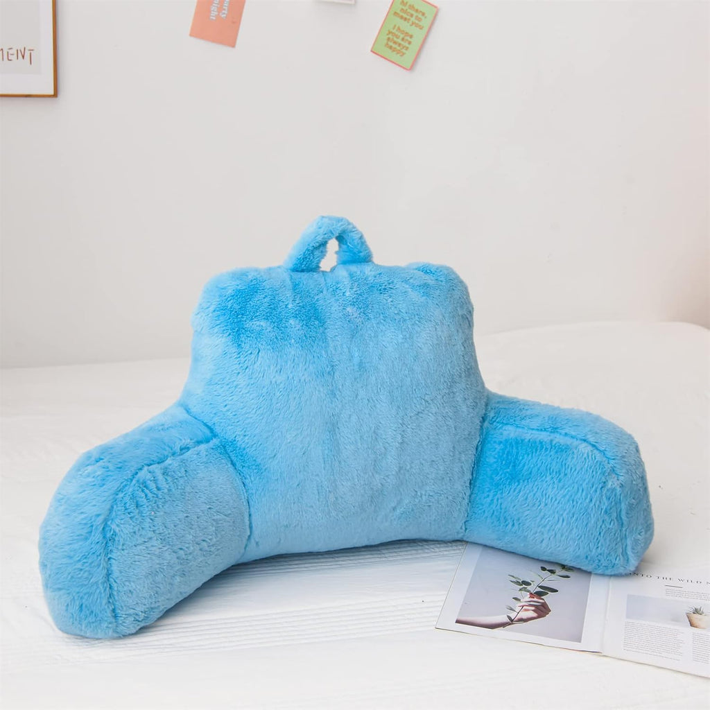 A Nice Night Faux Fur Reading Pillow Bed Wedge Large Adult Children Backrest with Arms Back Support for Sitting Up in Bed/Couch for Bedrest,Babyblue