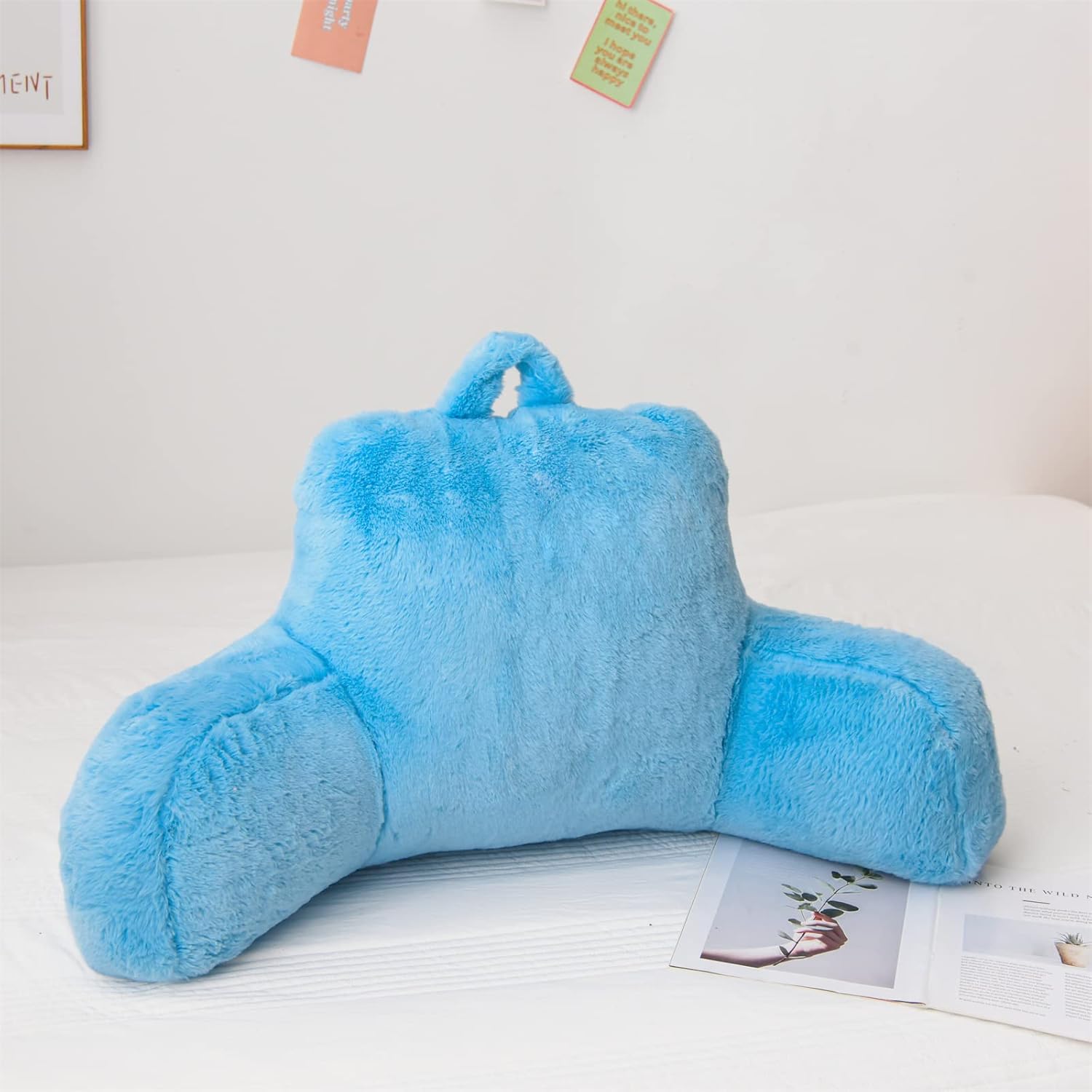 A Nice Night Faux Fur Reading Pillow Bed Wedge Large Adult Children Backrest with Arms Back Support for Sitting Up in Bed/Couch for Bedrest,Babyblue