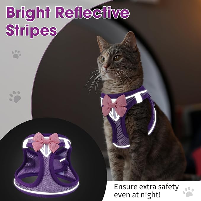Cat Vest Harness and Leash Set for Walking Escape Proof, Adjustable Kitten Harness Breathable Mesh with Reflective Strips Harness for Kitty Puppy Bunny Purple,M
