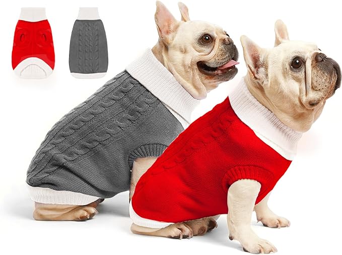 2 Pack Dog Christmas Sweaters for Small Dogs - Puppy Medium Warm Clothes Winter, Turtleneck Pullover Design for Male Boy Girl Pet, Doggie, Cat, Kitten Chihuahua Bulldog (XS, Xmas Red, Grey)