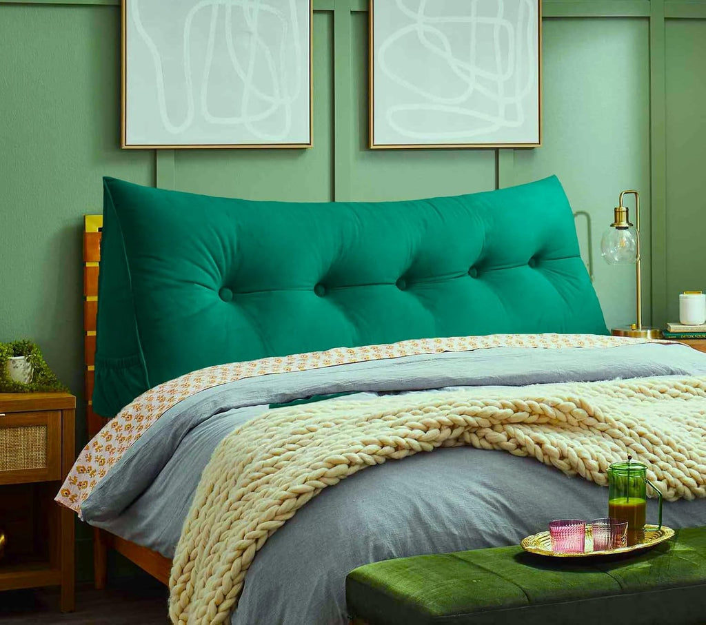 Triangular Reading Bed Rest Pillow Large Bolster Cushion Headboard Backrest Wedge Pillow with Removable Cover and Two Large Side Pockets (Green, Queen: 59 x 8 x 20 inches)