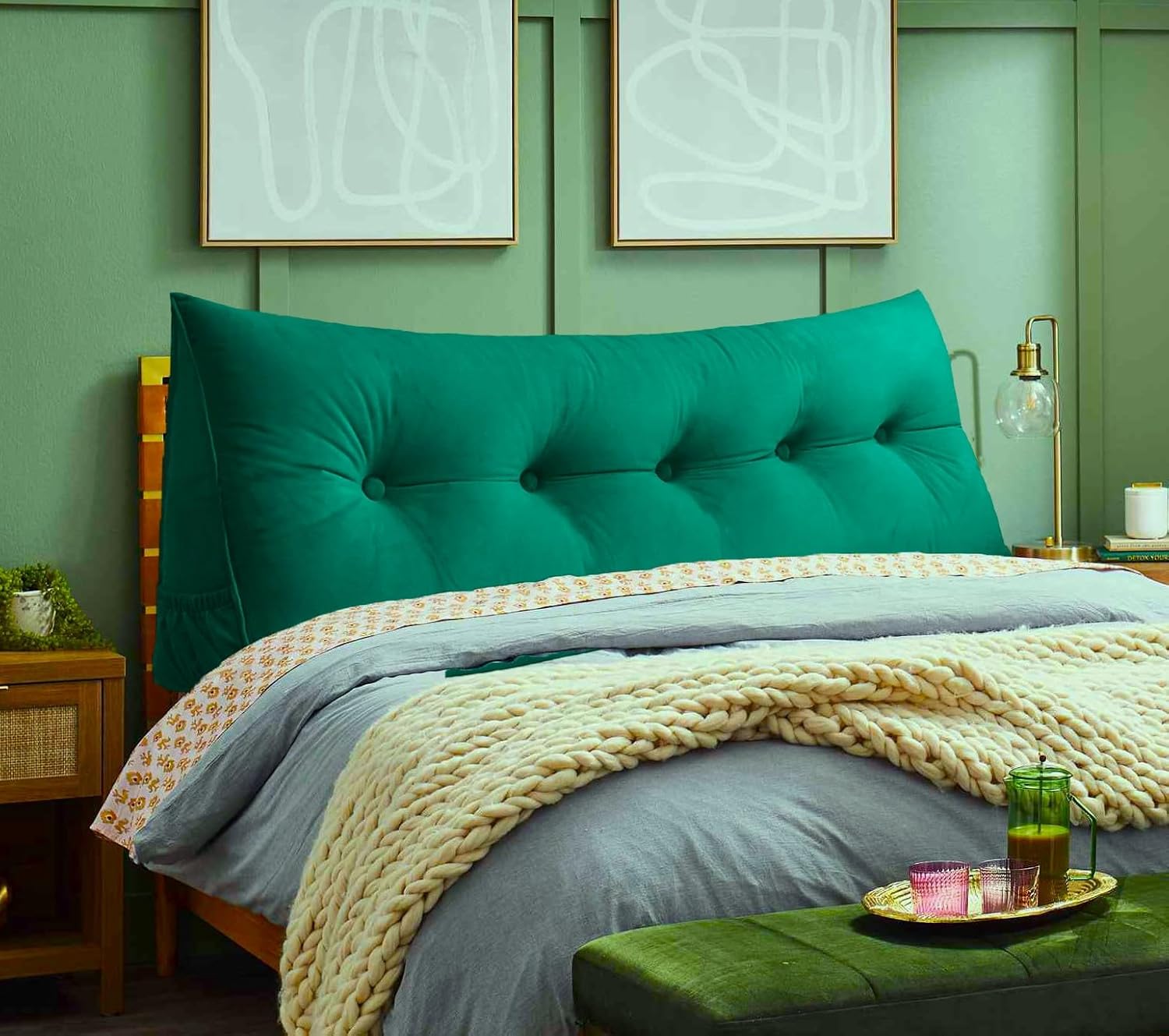 Triangular Reading Bed Rest Pillow Large Bolster Cushion Headboard Backrest Wedge Pillow with Removable Cover and Two Large Side Pockets (Green, Queen: 59 x 8 x 20 inches)