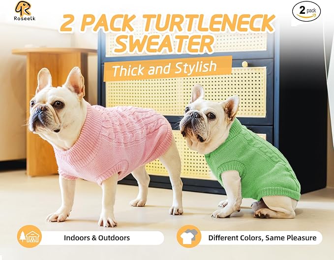 2 Pack Dog Sweaters for Small Dogs - Puppy Medium Warm Clothes in Winter, Turtleneck Pullover Design for Boy Girl Pet, Doggie, Cat, Kitten Chihuahua Bulldog Pug Beagles (XS, Pink, Green)